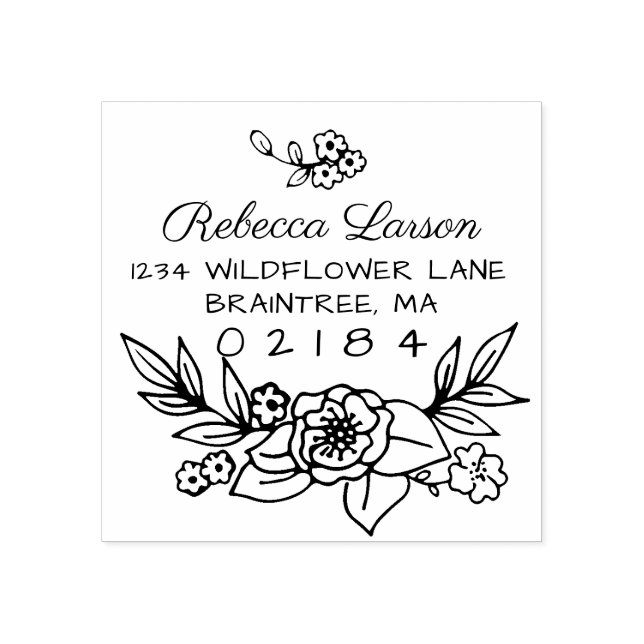 Hand Drawn Floral Arrangement Return Address Rubber Stamp (Imprint)