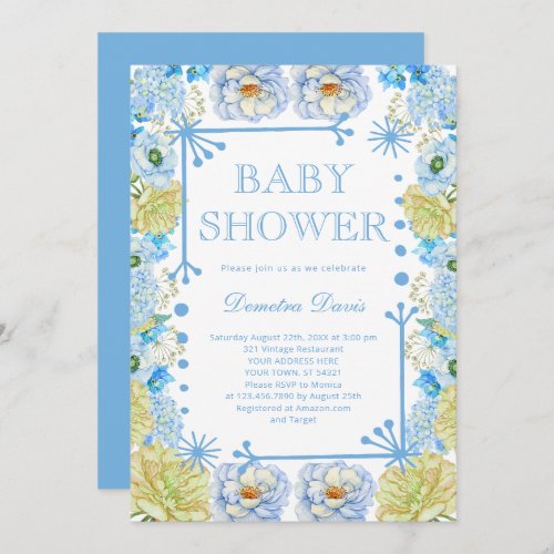 Hand Drawn Floral Baby Boy Shower with Bow Invitat Invitation