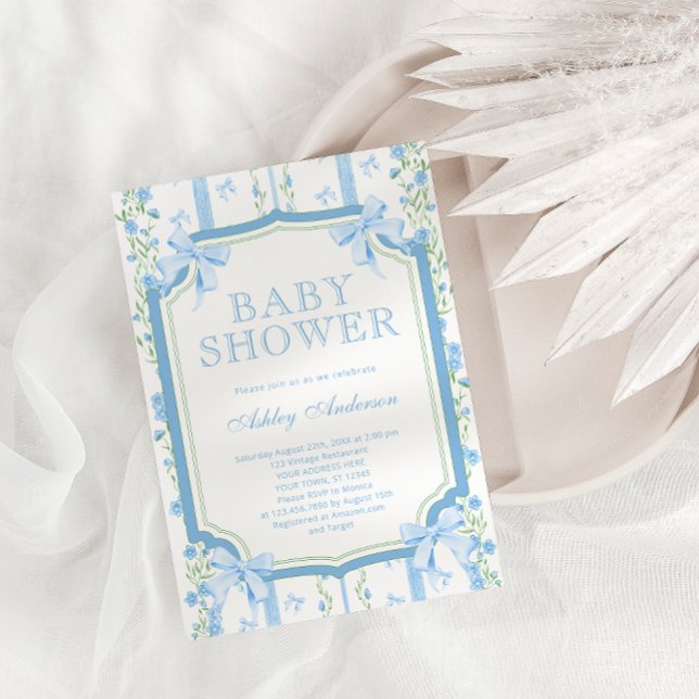 Hand Drawn Floral Baby Boy Shower with Bow  Invitation (Creator Uploaded)