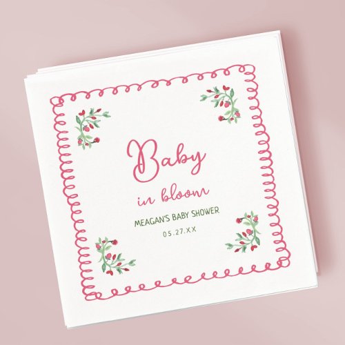 Hand Drawn Floral Baby In Bloom Baby Shower Napkins