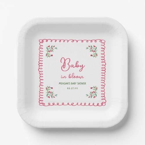 Hand Drawn Floral Baby In Bloom Baby Shower Paper Plates