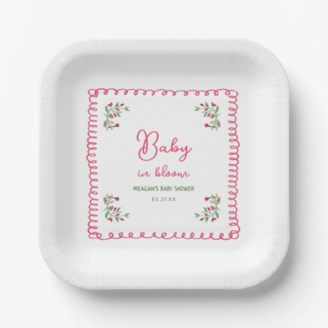 Hand Drawn Floral Baby In Bloom Baby Shower Paper Plates (Front)