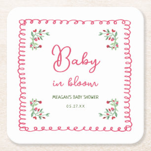 Hand Drawn Floral Baby In Bloom Baby Shower Square Paper Coaster