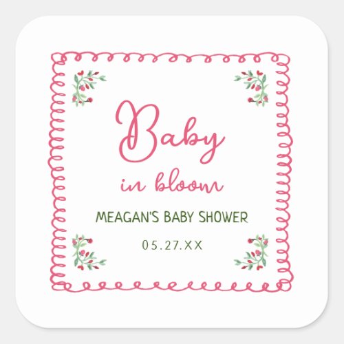 Hand Drawn Floral Baby In Bloom Baby Shower Square Sticker