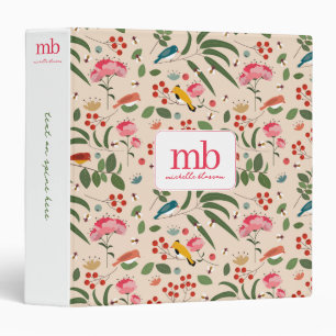Hand Drawn Floral Birds Bees Botanical Monogram 3 Ring Binder