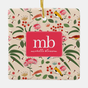 Hand Drawn Floral Birds Bees Botanical Monogram Ceramic Ornament