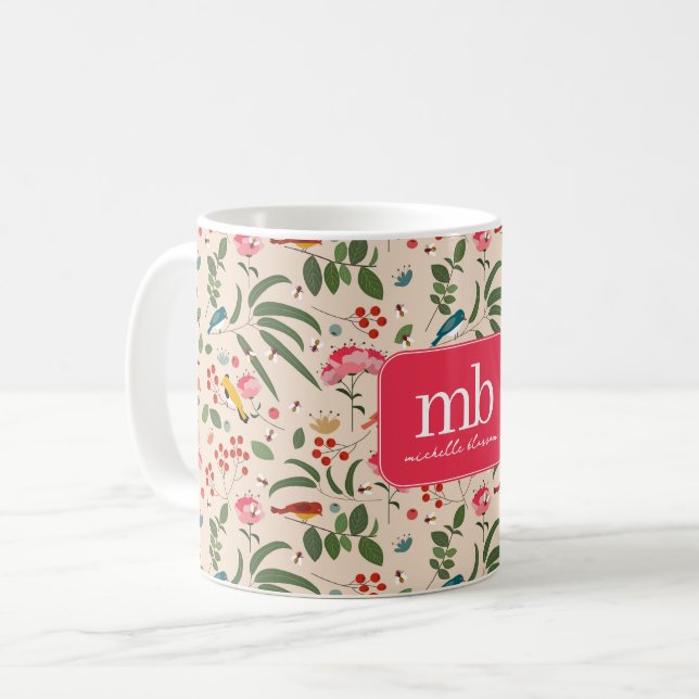 Hand Drawn Floral Birds Bees Botanical Monogram Coffee Mug (Front Left)