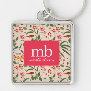 Hand Drawn Floral Birds Bees Botanical Monogram Keychain