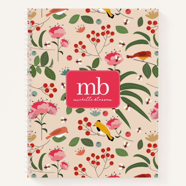 Hand Drawn Floral Birds Bees Botanical Monogram Notebook (Front)
