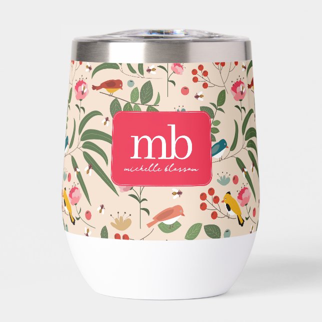 Hand Drawn Floral Birds Bees Botanical Monogram Thermal Wine Tumbler (Front)