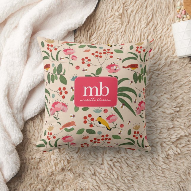 Hand Drawn Floral Birds Bees Botanical Monogram Throw Pillow (Blanket)