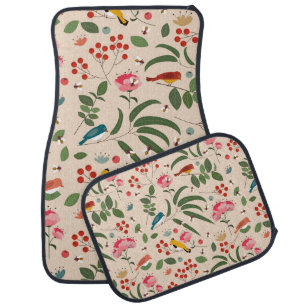 Hand Drawn Floral Birds Bees Botanical Pattern Car Floor Mat