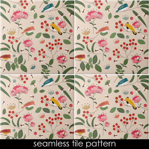 Hand Drawn Floral Birds Bees Botanical Pattern Ceramic Tile