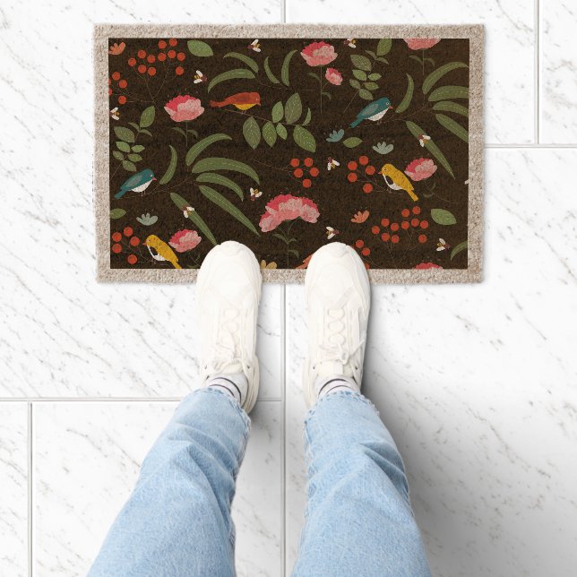 Hand Drawn Floral Birds Bees Botanical Pattern Fiber Doormat (Insitu)