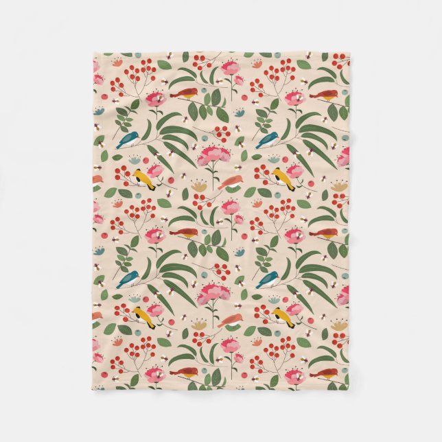 Hand Drawn Floral Birds Bees Botanical Pattern Fleece Blanket (Front)