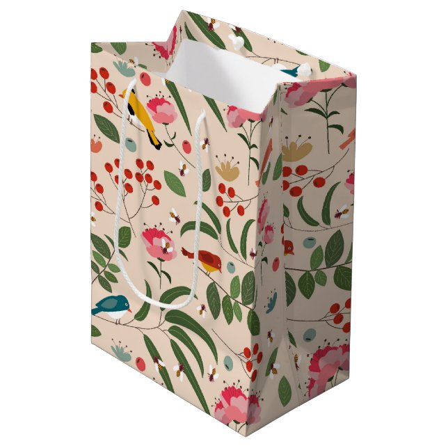 Hand Drawn Floral Birds Bees Botanical Pattern Medium Gift Bag (Front Angled)