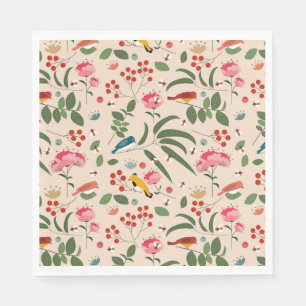 Hand Drawn Floral Birds Bees Botanical Pattern Napkins