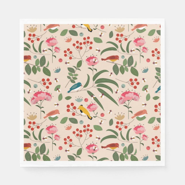 Hand Drawn Floral Birds Bees Botanical Pattern Napkins (Front)