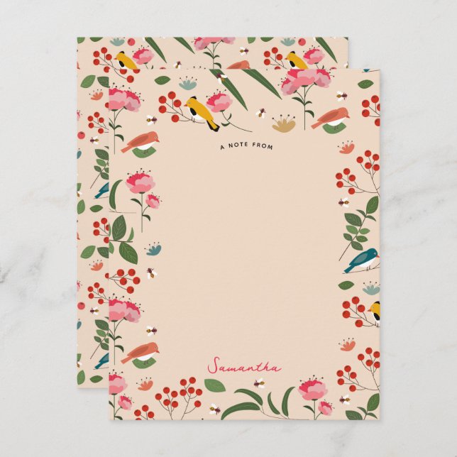 Hand Drawn Floral Birds Bees Botanical Pattern Note Card (Front/Back)