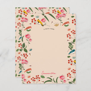 Hand Drawn Floral Birds Bees Botanical Pattern Note Card