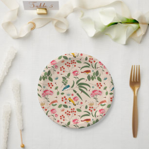 Hand Drawn Floral Birds Bees Botanical Pattern Paper Plates