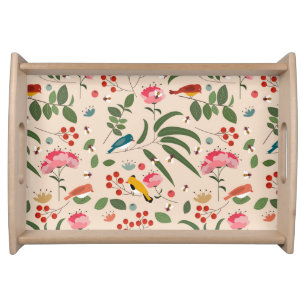 Hand Drawn Floral Birds Bees Botanical Pattern Serving Tray