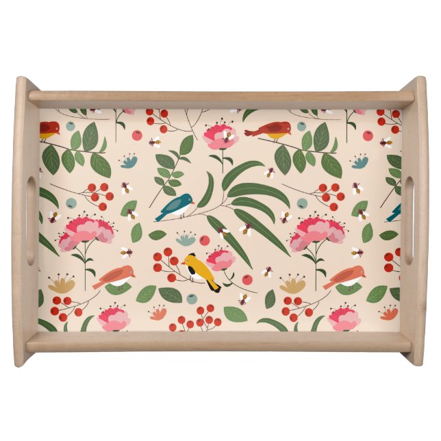 Hand Drawn Floral Birds Bees Botanical Pattern Serving Tray (Front)
