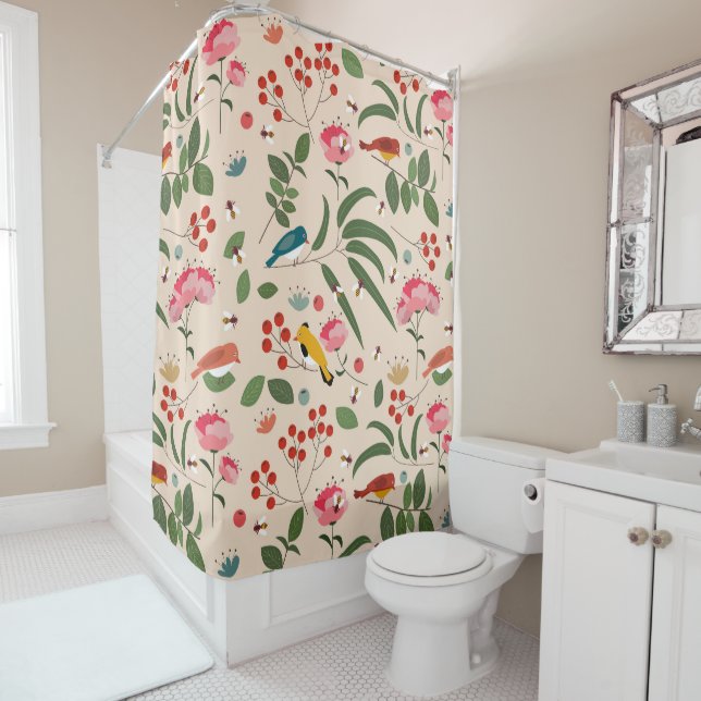 Hand Drawn Floral Birds Bees Botanical Pattern Shower Curtain (In Situ)