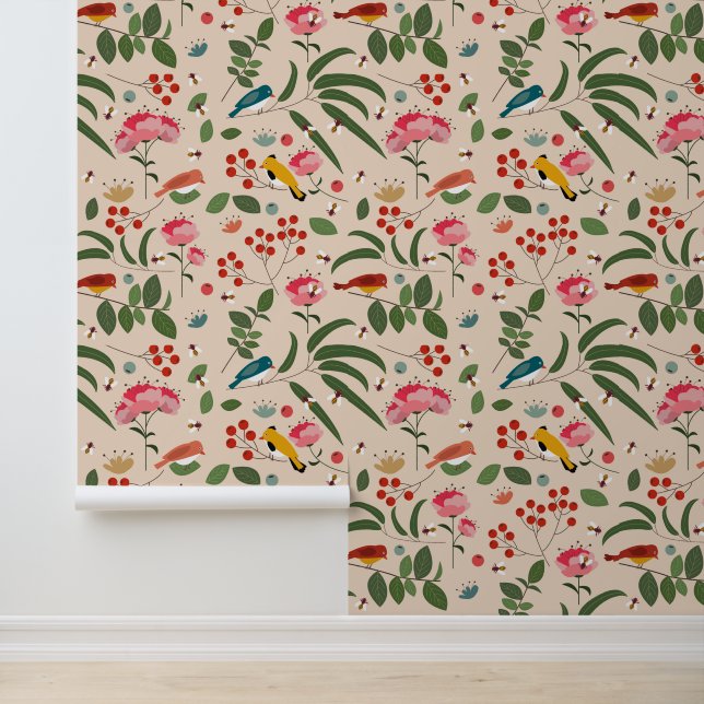 Hand Drawn Floral Birds Bees Botanical Pattern Wallpaper (Application)