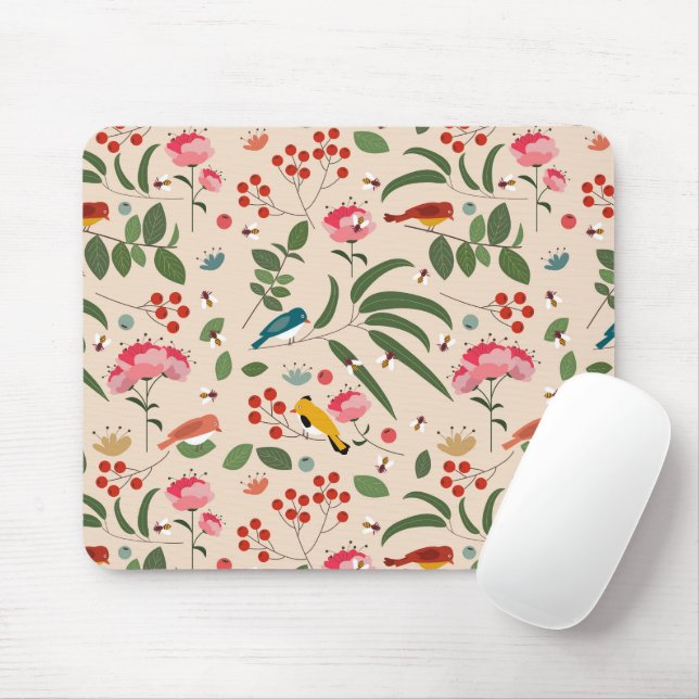 Hand Drawn Floral Birds Bees Pattern Mouse Pad (With Mouse)
