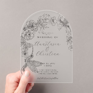 Hand Drawn Floral Birds Botanical Wedding Acrylic Invitations