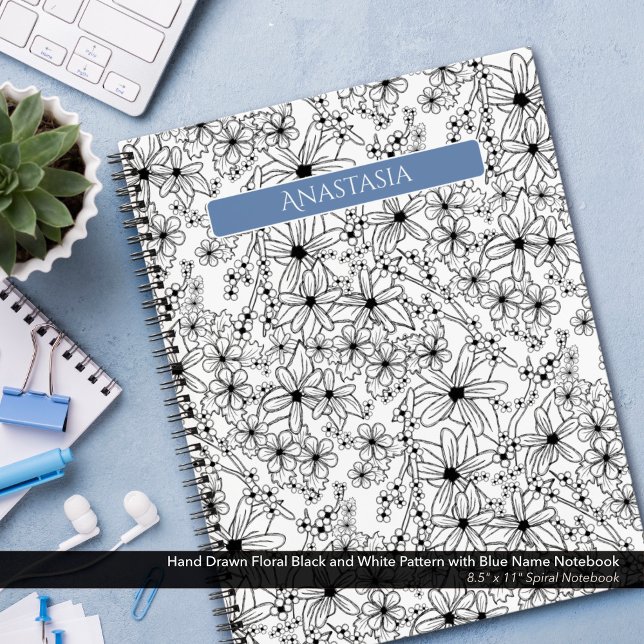 Hand Drawn Floral Black White Pattern & Blue Name Notebook (Spiral Notebook: Hand Drawn Floral Pattern in Black and White with Light Blue Name)