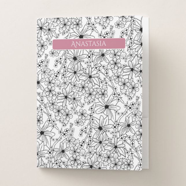 Hand Drawn Floral Black White Pattern & Pink Name Pocket Folder (Front)