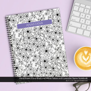 Hand Drawn Floral Black White Pattern Purple Name Notebook