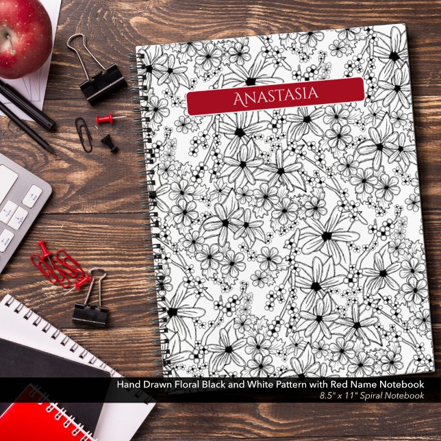 Hand Drawn Floral Black White Pattern & Red Name Notebook (Spiral Notebook: Hand Drawn Floral Pattern in Black and White with Red Name)