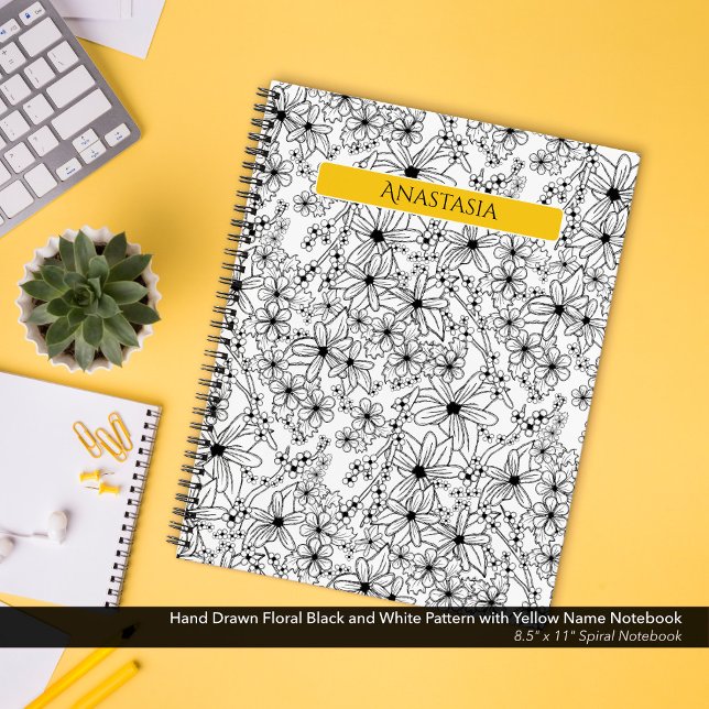 Hand Drawn Floral Black White Pattern Yellow Name Notebook (Spiral Notebook: Hand Drawn Floral Pattern in Black and White with Yellow Name)