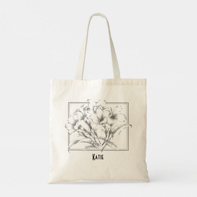 Hand Drawn Floral Black White Sketch Tote Bag (Back)