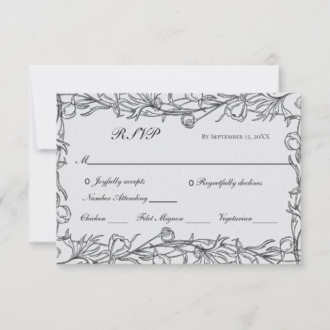 Hand Drawn Floral Botanical Blue Gray Wedding  RSVP Card (Front)