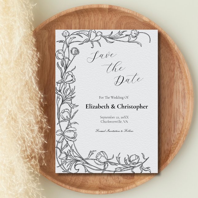 Hand Drawn Floral Botanical Save The Date Gray Invitation (Black Gray Hand Drawn Botanical Leaves Flowers Wedding Save the Date Invitation Card)