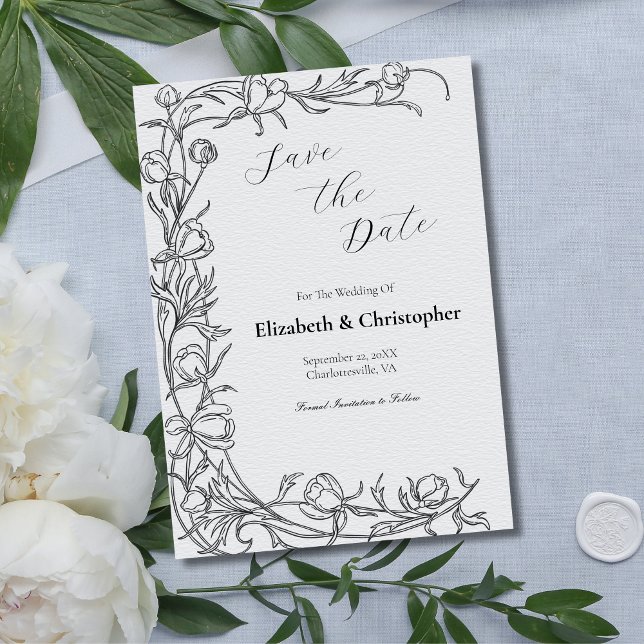 Hand Drawn Floral Botanical Save The Date Gray Invitation (Gray Black Hand Drawn Floral Botanical Wedding Save the Date Card)