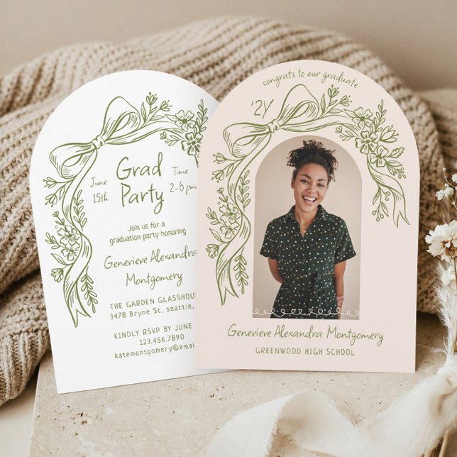 Hand Drawn Floral Bow Arch Photo Graduation Party Invitation (Hand Drawn Floral Bow Arch Photo Graduation Party Invitation)