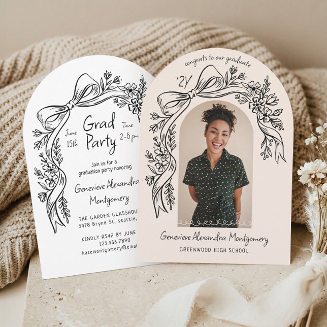Hand Drawn Floral Bow Arch Photo Graduation Party Invitation (Hand Drawn Floral Bow Arch Photo Graduation Party Invitation)