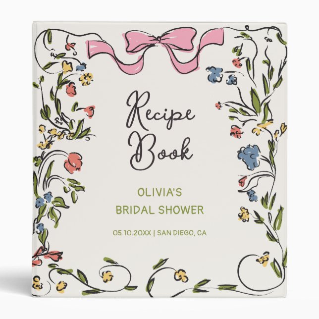 Hand Drawn Floral Bow Bridal Shower Recipe 3 Ring Binder (Front)