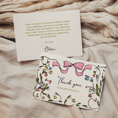 Hand Drawn Floral Bow Bridal Shower Thank You Card