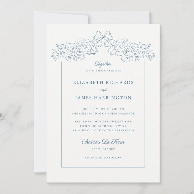 Hand Drawn Floral Bow Frame Dusty Blue Wedding Invitation (Front)