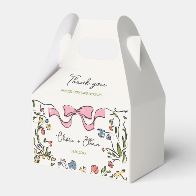 Hand Drawn Floral Bow Wedding Favor Boxes (Front Side)