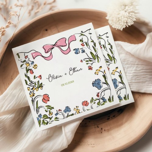 Hand Drawn Floral Bow Wedding Napkins