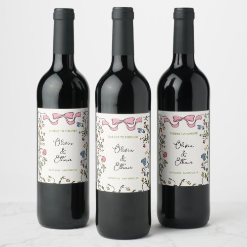 Hand Drawn Floral Bow Wedding Wine Label