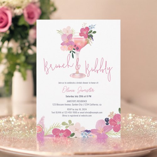 Hand Drawn Floral Brunch and Bubbly Bridal Shower  Invitation