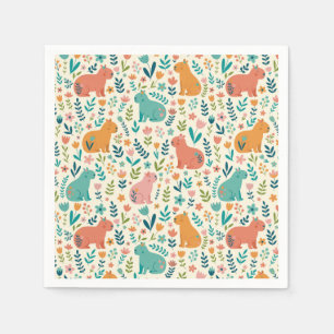 Hand Drawn Floral Capybara Paper Plates Napkins